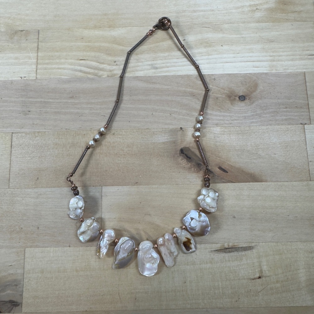 Artisan Keshi Pearl Statement Necklace Iridescent Copper Tone Toggle Clasp 18in - Picture 10 of 11